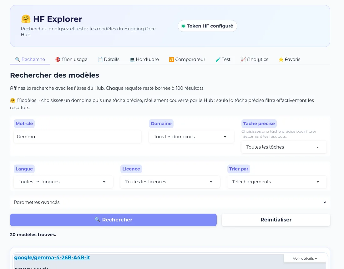 Capture de HF Explorer : écran de recherche avec les filtres de domaine, tâche, langue, licence et tri, puis la liste des modèles Gemma trouvés.